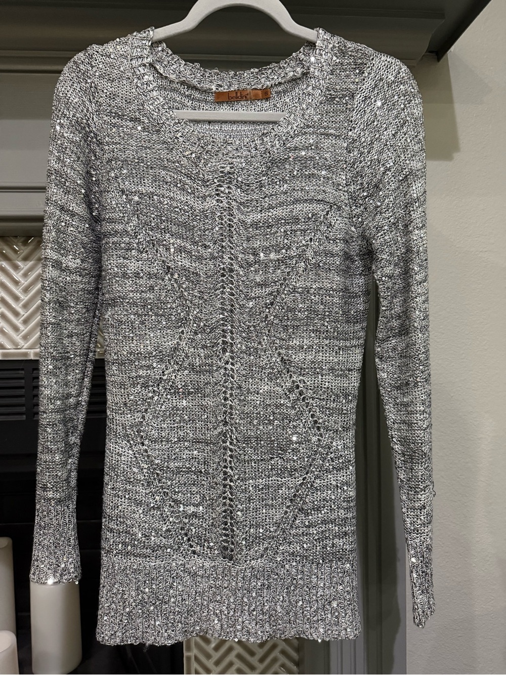 Belldini Silver Metallic Knit Scoop Neck Sweater